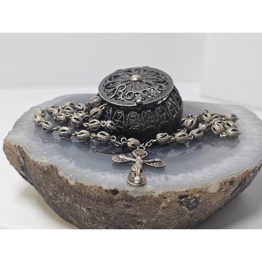 Antique 800 Silver Roman/Italian Filigree Rosary With Custom Case
